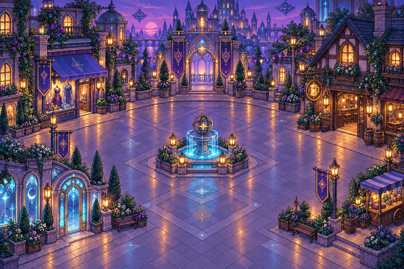 Thread City's pixel square, with a central well, lantern-lit paths and buildings around the courtyard.